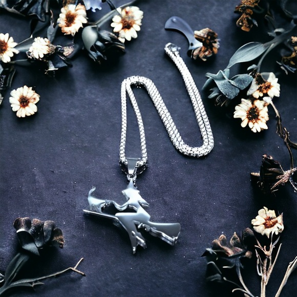 Jewelry - Witch Broom Cat Pendant Necklace Women Witchcraft Silvery Color Hollow Out